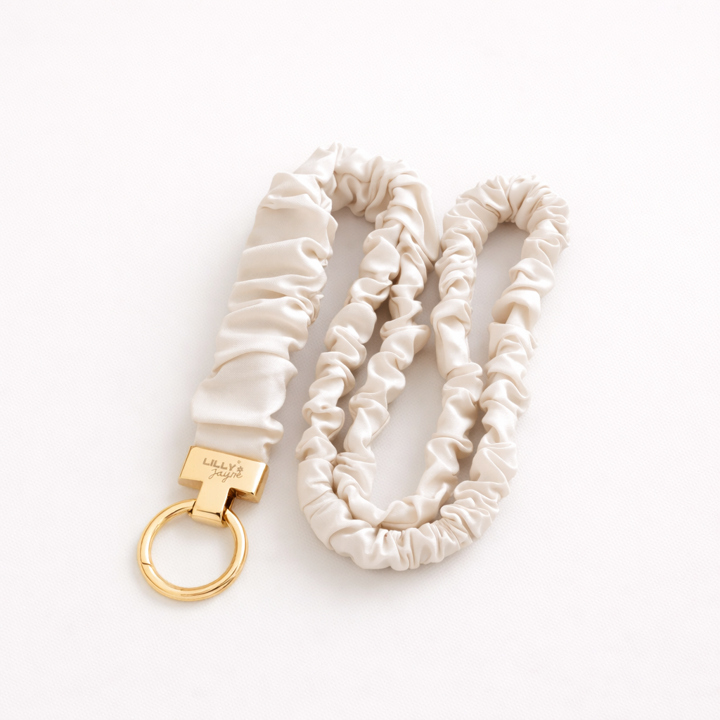 Milkie White Scrunchie Lanyard – Stretchy & Cute (49cm + Stretch)