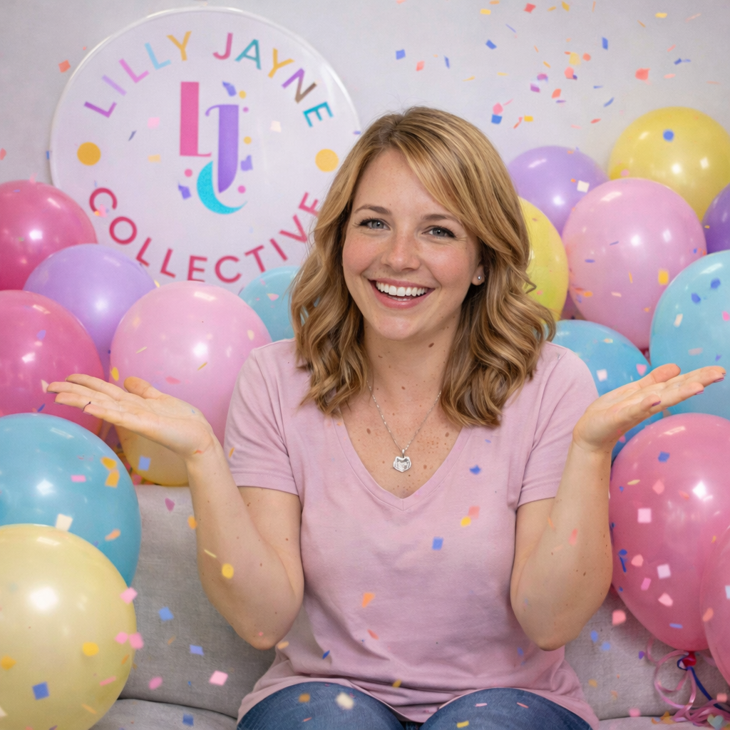 Woman in a pink shirt surrounded by colorful balloons with 'Lilly Jayne Collective' branding.