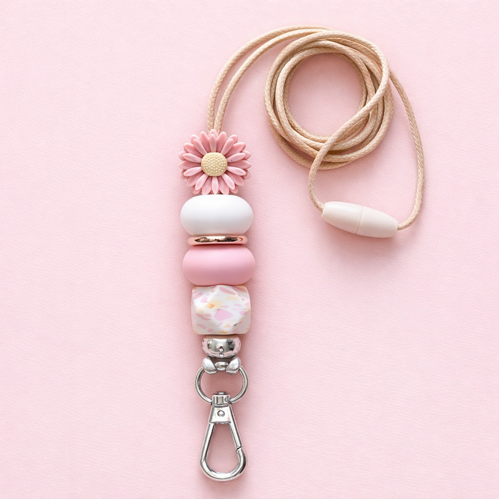 Dusty Pink Daisy Beaded Lanyard