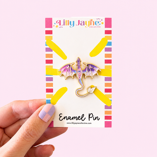 Purple Dragon - Pink Glitter Heart Centre Enamel Pin