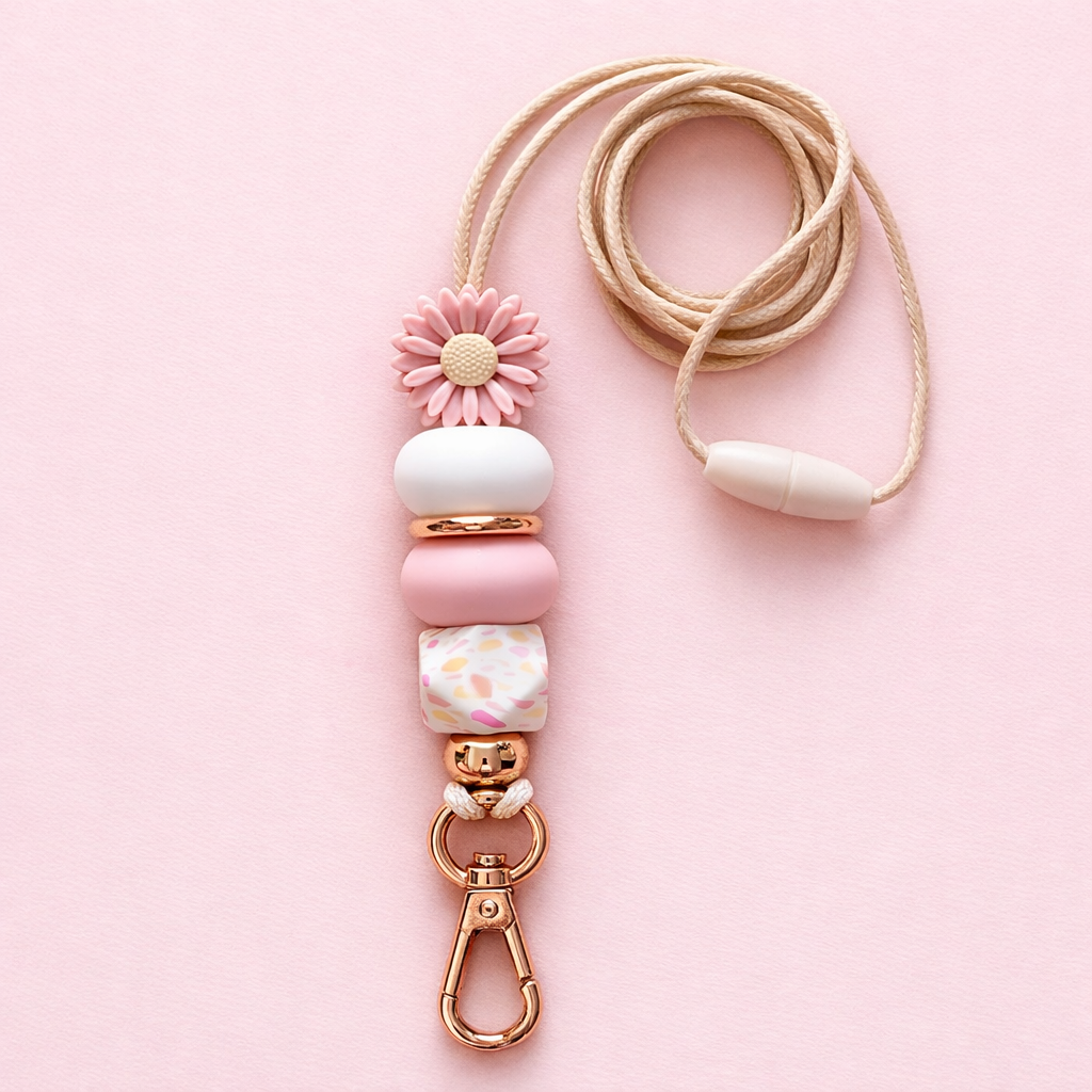 Dusty Pink Daisy Beaded Lanyard